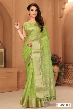 Light Green Silk Gold Checks Saree With Light Green Blouse