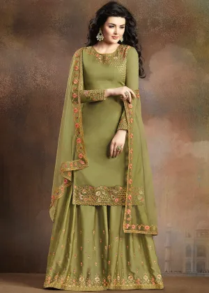 Light Green Traditional Embroidered Indian Gharara Suit