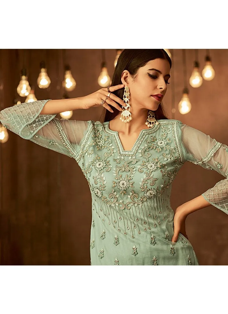 Light Green Traditional Embroidered Palazzo Pant Suit