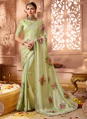 Light Green Traditional Motif Embroidered Designer Silk Saree