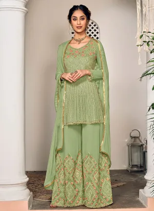 Light Green Zari Embroidered Gharara Style Suit