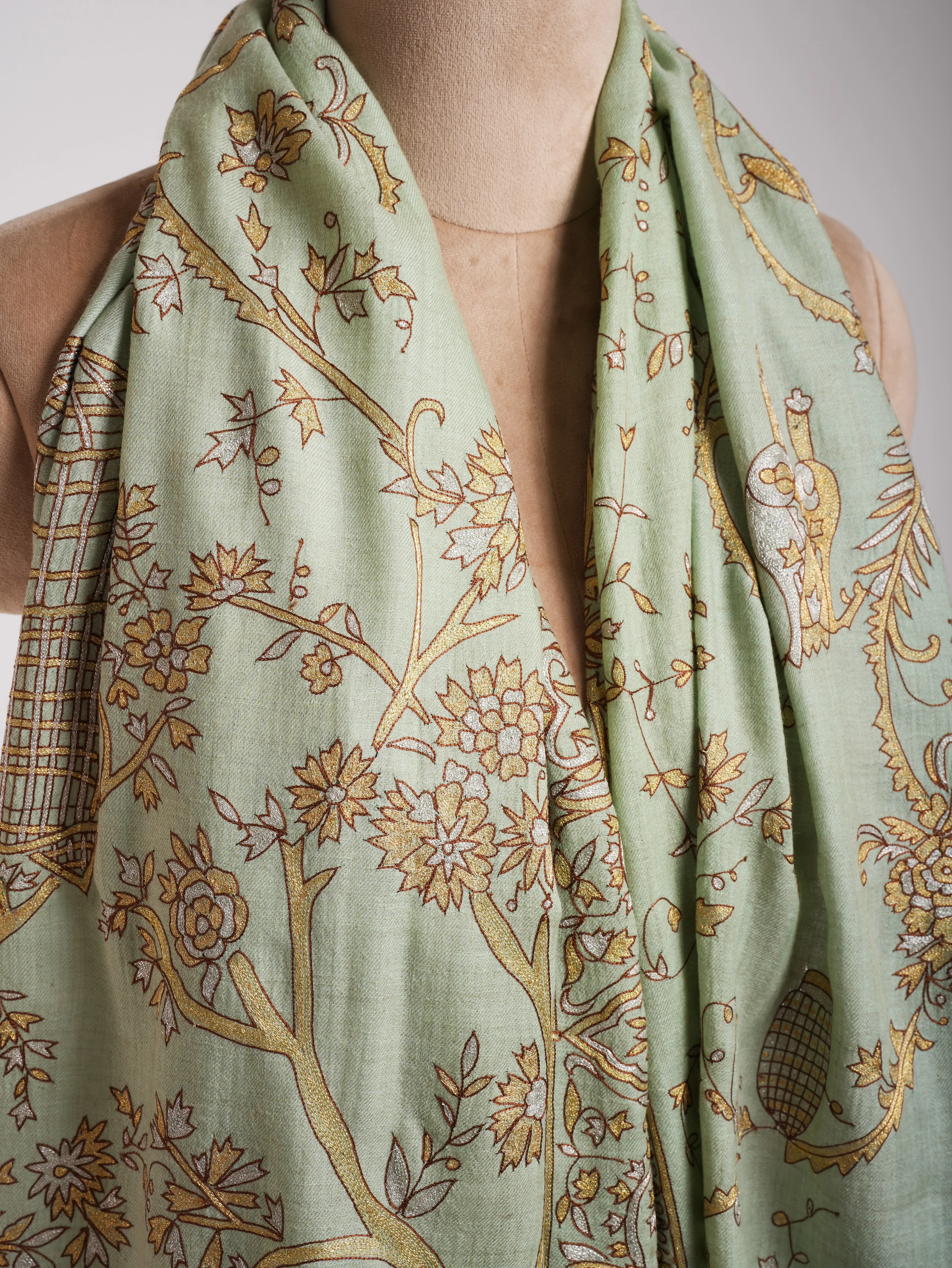 Light Green Zari Embroidered Indian Pashmina Shawl