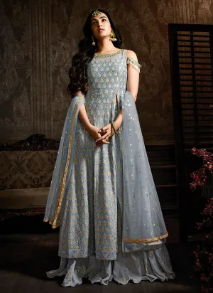 Light Grey Embroidered Indo Western Style Sharara Suit