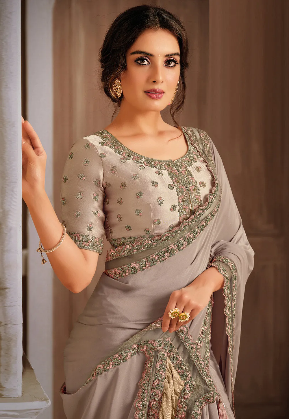 Light Grey Embroidered Saree