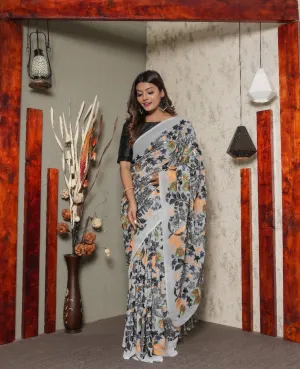 Light Grey Floral Georgette Sequins Saree