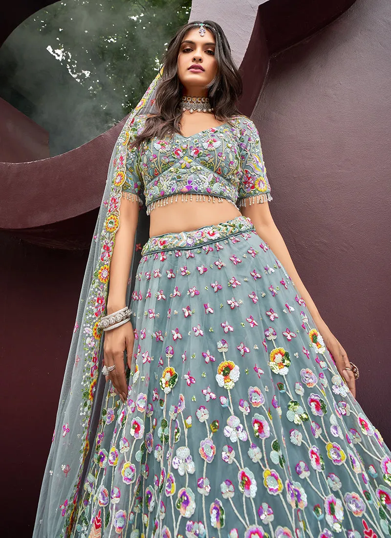 Light Grey Multi Embroidered Bridal Lehenga Choli