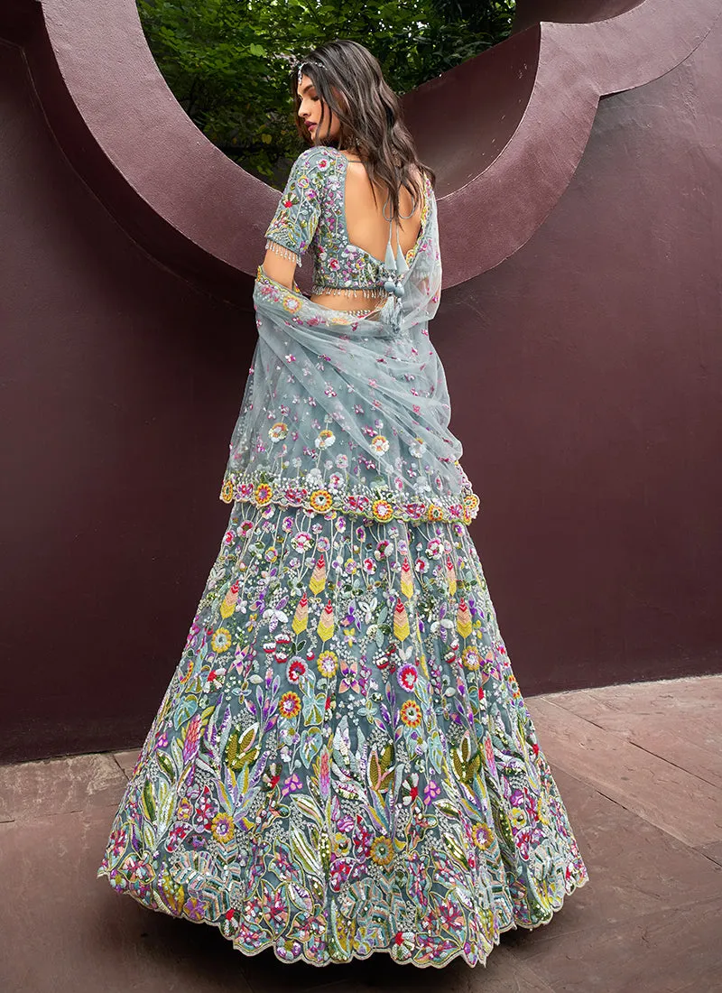 Light Grey Multi Embroidered Bridal Lehenga Choli