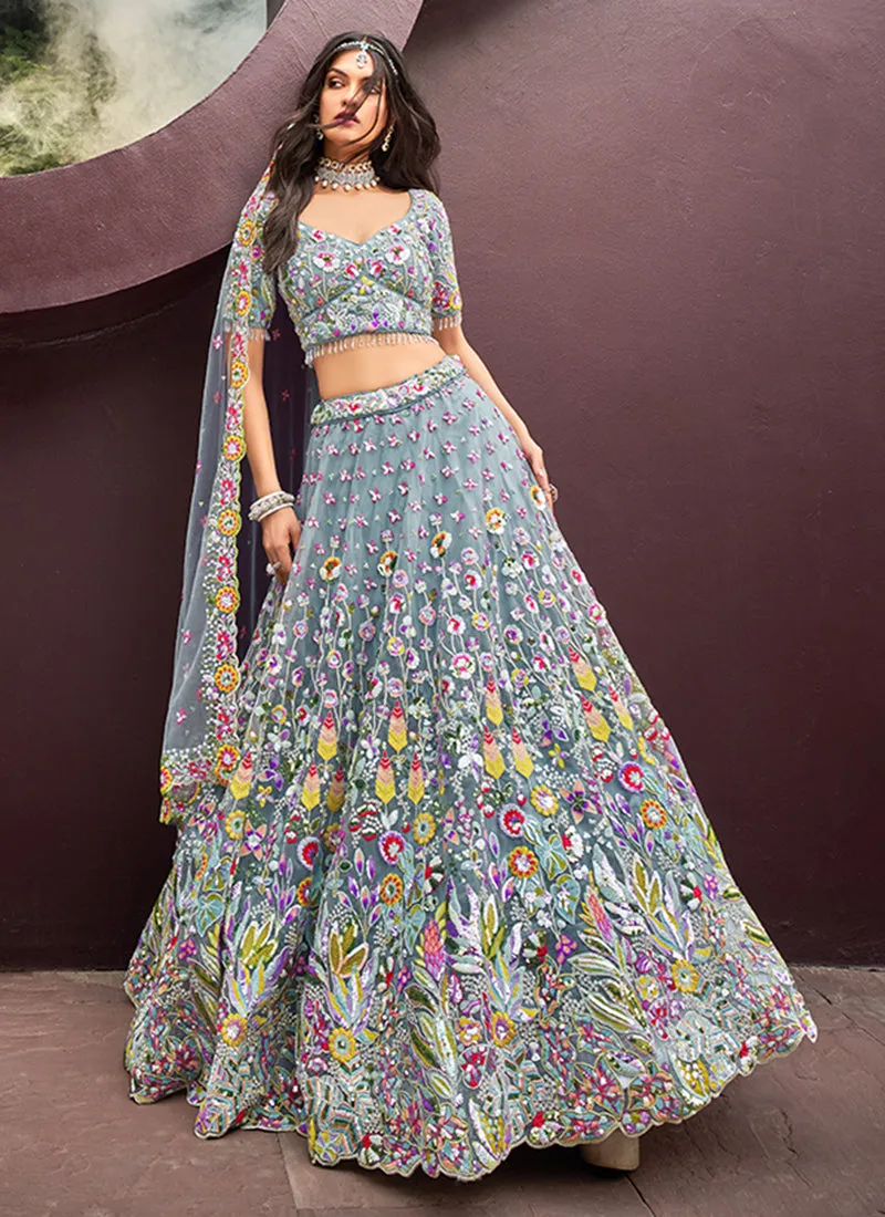 Light Grey Multi Embroidered Bridal Lehenga Choli