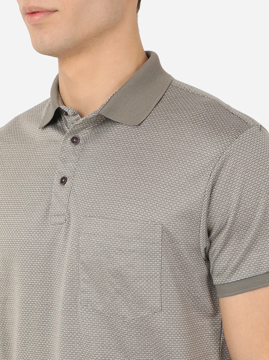 Light Grey Printed Slim Fit Polo T-Shirt | JadeBlue