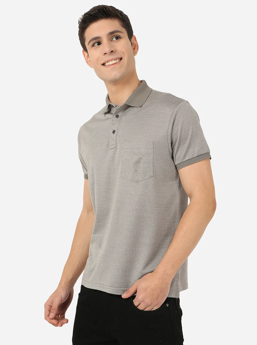 Light Grey Printed Slim Fit Polo T-Shirt | JadeBlue