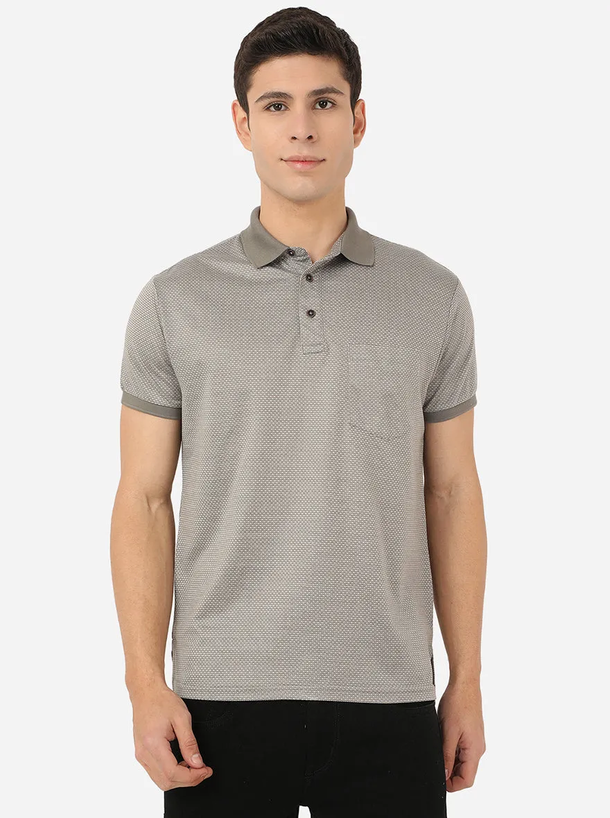 Light Grey Printed Slim Fit Polo T-Shirt | JadeBlue