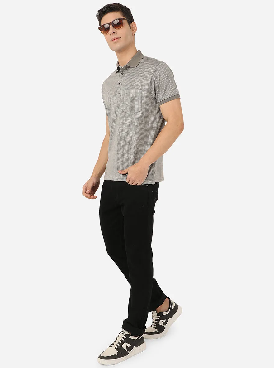 Light Grey Printed Slim Fit Polo T-Shirt | JadeBlue