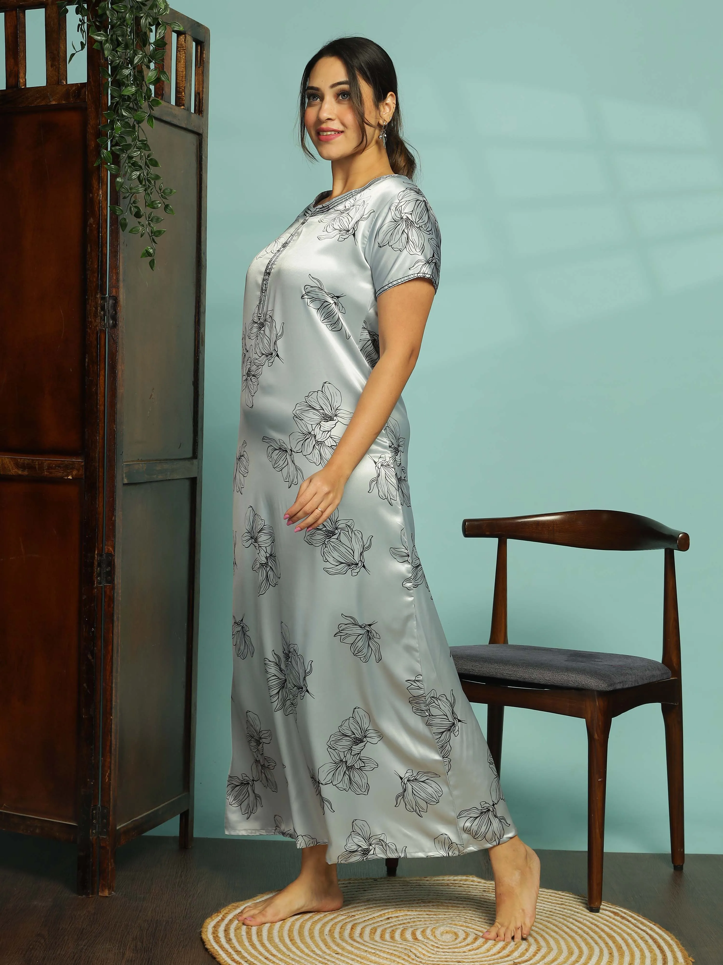 Light Grey Satin Floral Nighty for Women With Stylish and Comfortable