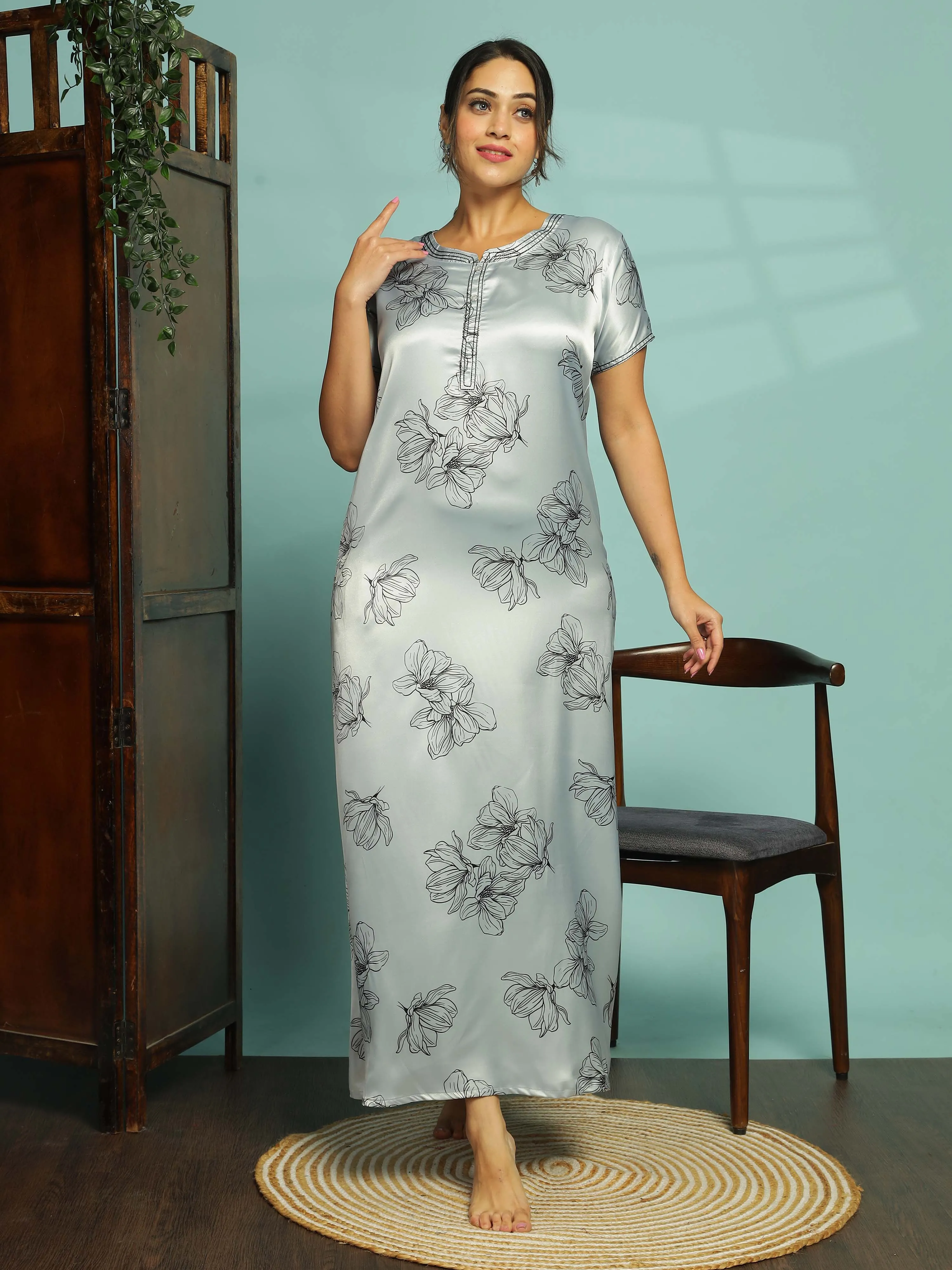 Light Grey Satin Floral Nighty for Women With Stylish and Comfortable