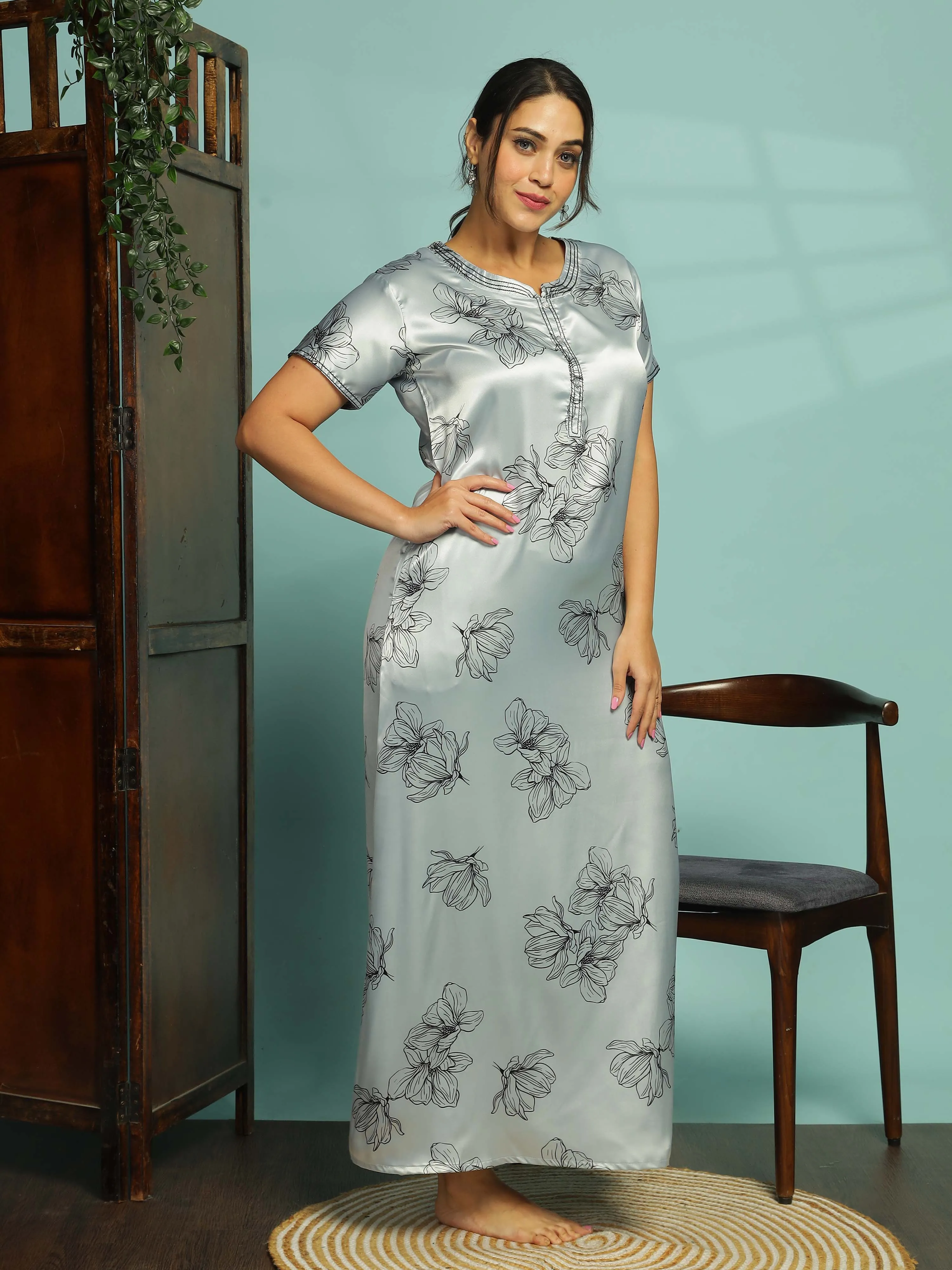 Light Grey Satin Floral Nighty for Women With Stylish and Comfortable