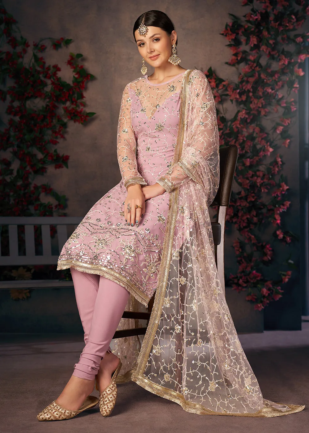 Light Lavender All Over Thread Work Net Churidar Suit