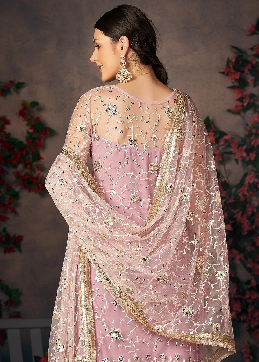 Light Lavender All Over Thread Work Net Churidar Suit