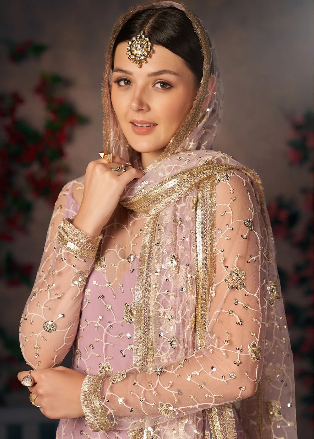 Light Lavender All Over Thread Work Net Churidar Suit