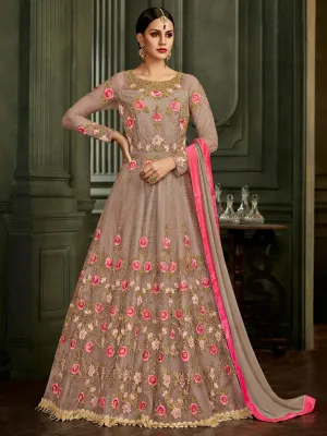 Light Mauve Floral Embroidered Flared Anarkali Suit