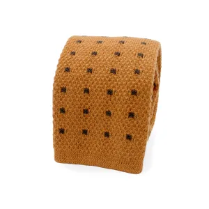 Light orange cashmere and wool knitted tie with brown check pattern