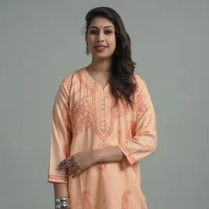 Light Orange Chikankari Hand Embroidered Cotton Long Kurta