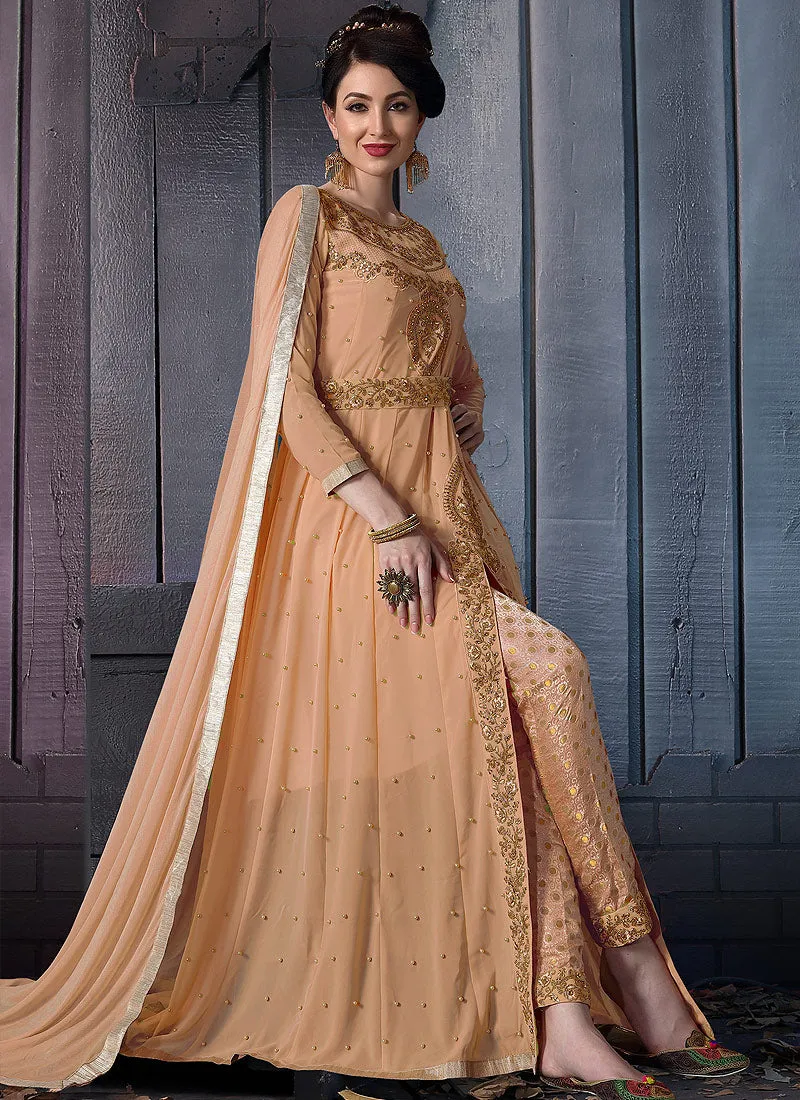 Light Orange Embroidered Slit Style Anarkali Pants Suit