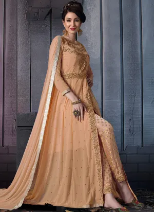 Light Orange Embroidered Slit Style Anarkali Pants Suit