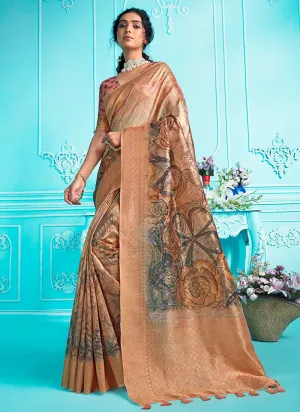 Light Orange Floral Digital Printed Organza Silk Saree