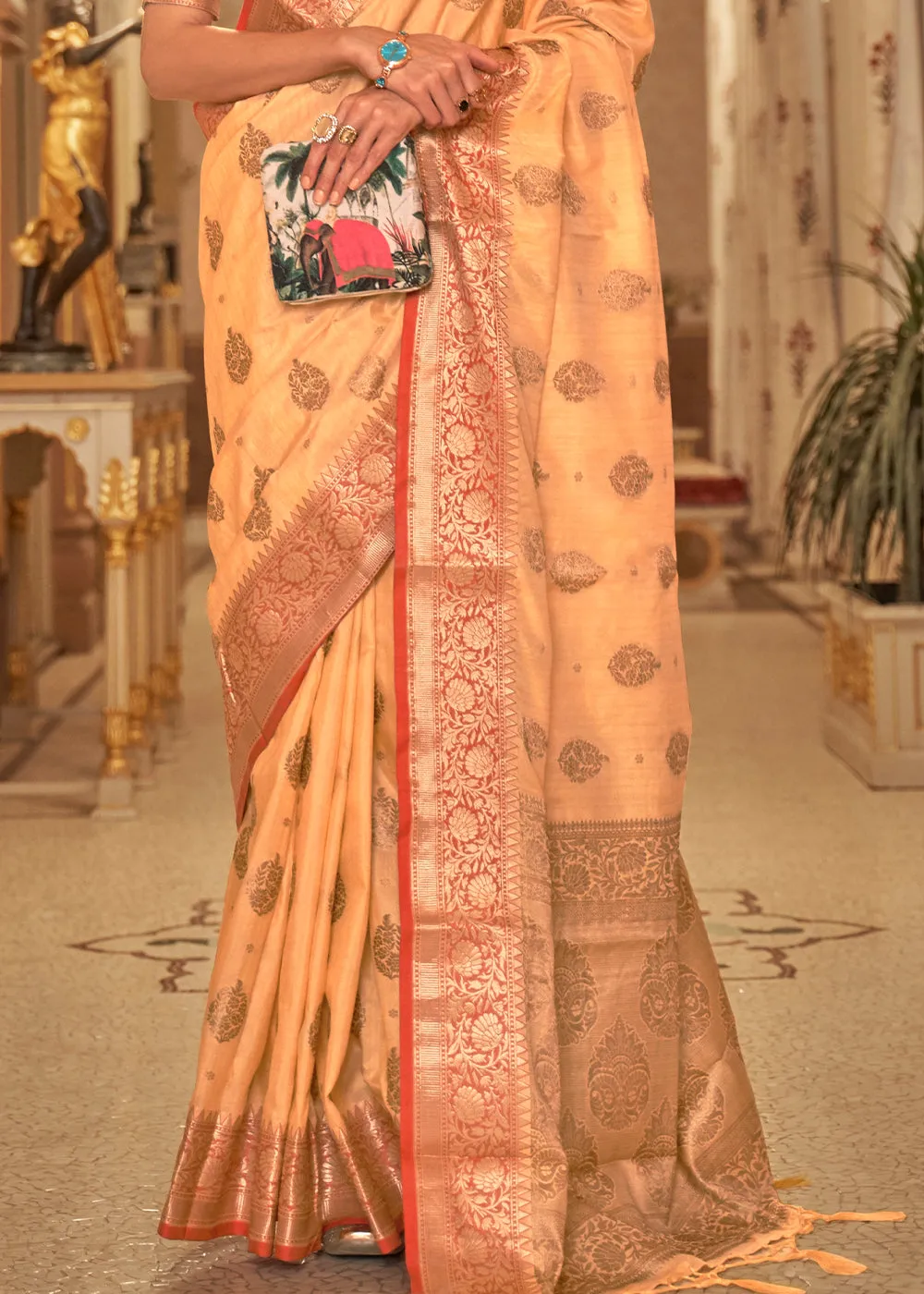 Light Orange Zari Butta Woven Tussar Silk Saree