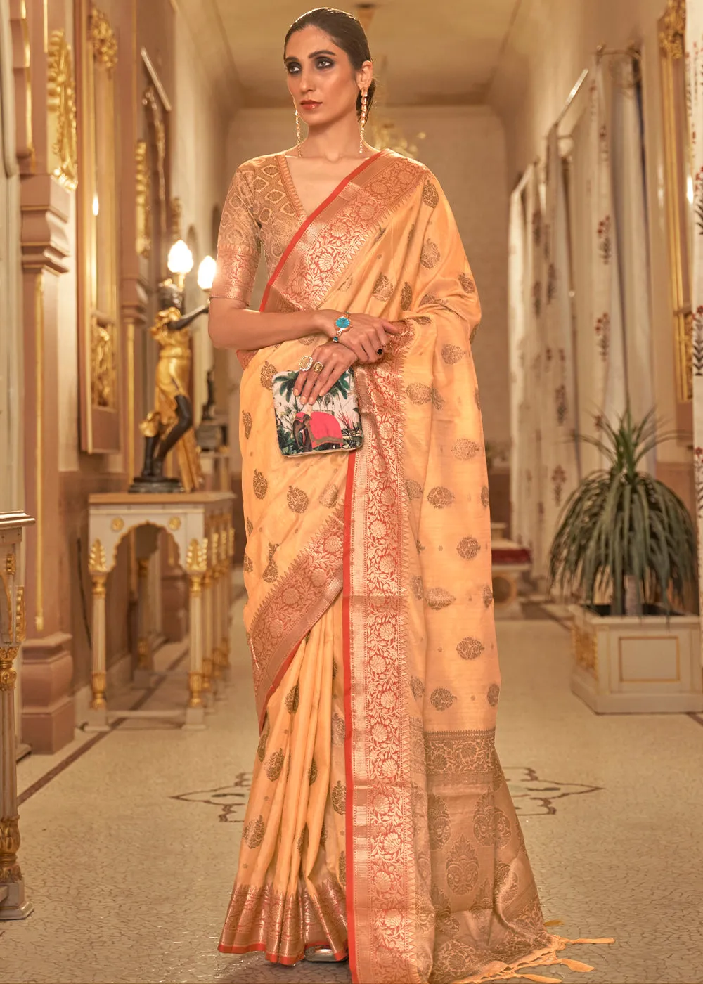 Light Orange Zari Butta Woven Tussar Silk Saree