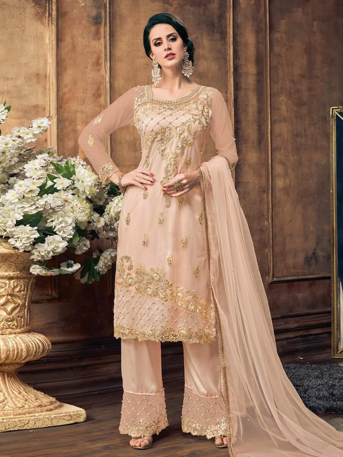 Light Peach Embroidery And Pearl Embellished Pakistani Pant Suit