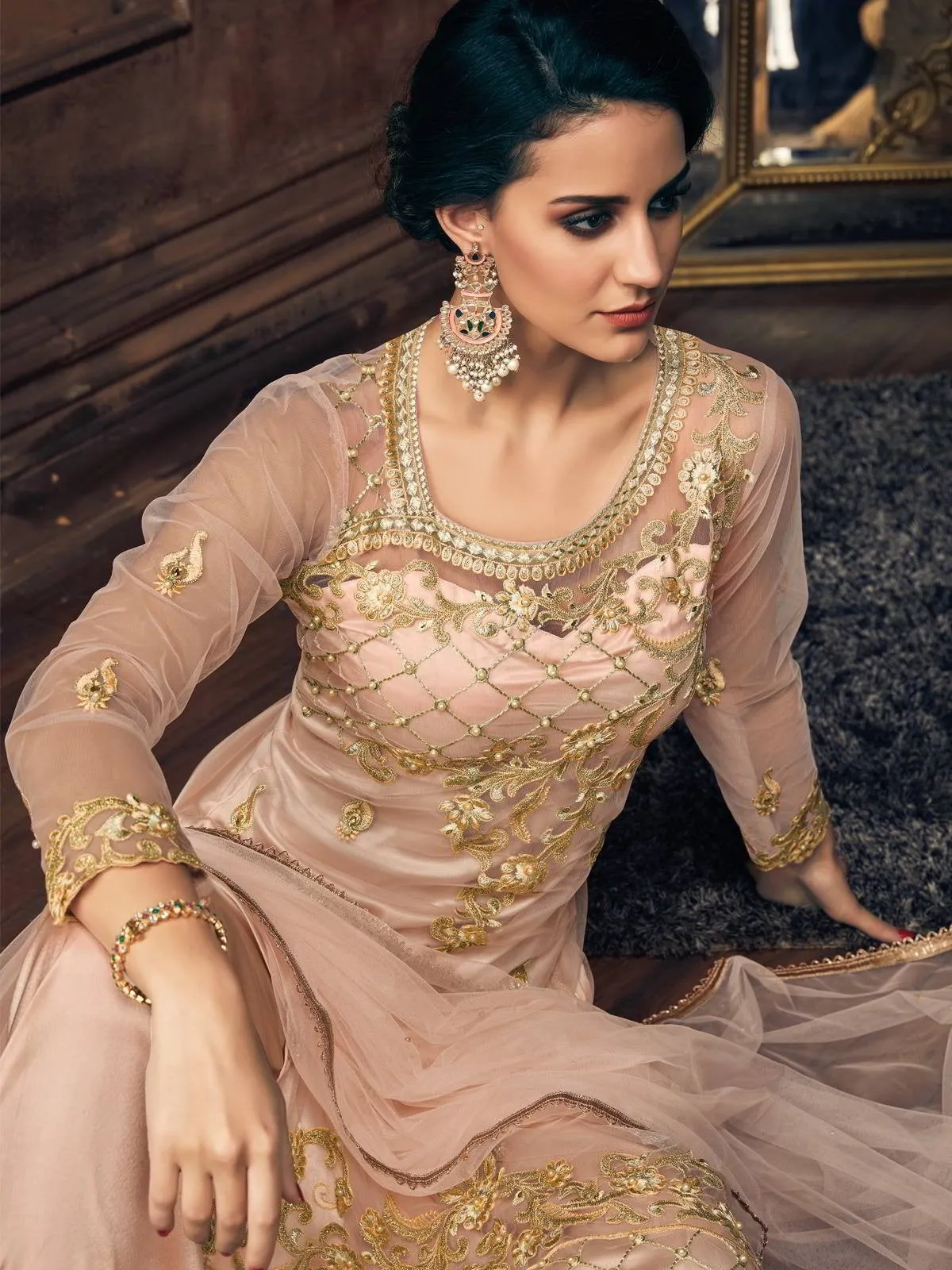 Light Peach Embroidery And Pearl Embellished Pakistani Pant Suit