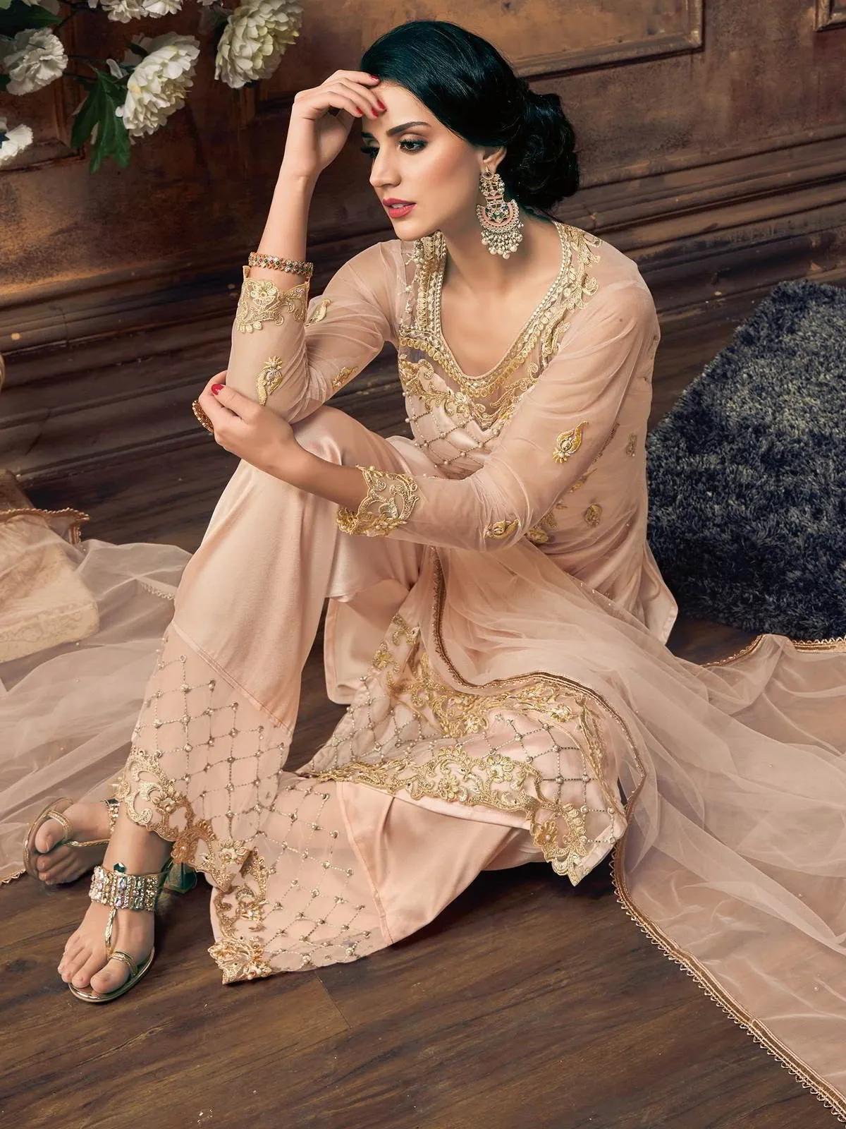 Light Peach Embroidery And Pearl Embellished Pakistani Pant Suit