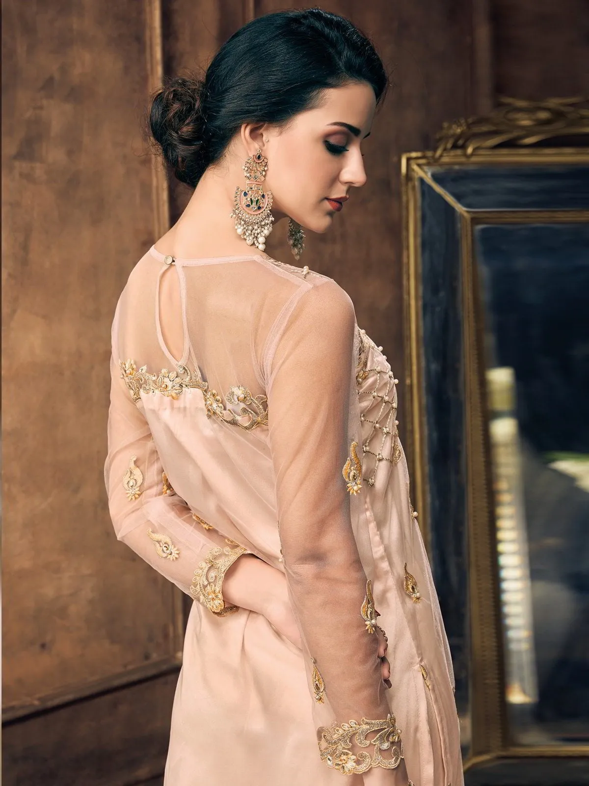 Light Peach Embroidery And Pearl Embellished Pakistani Pant Suit