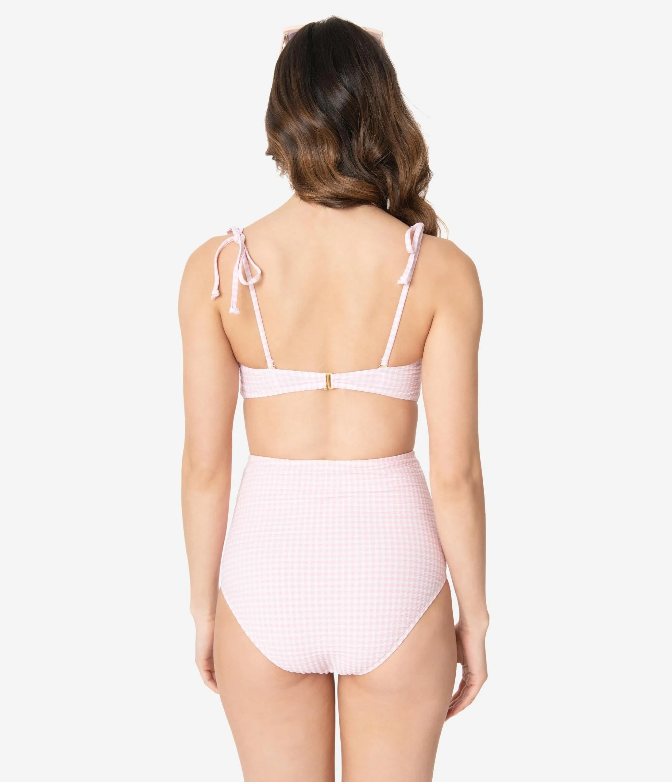 Light Pink & White Gingham Seersucker Two Piece Swim Set