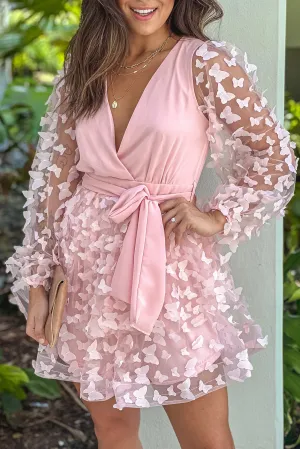 Light Pink Butterfly Short Dress With Long Sleeves