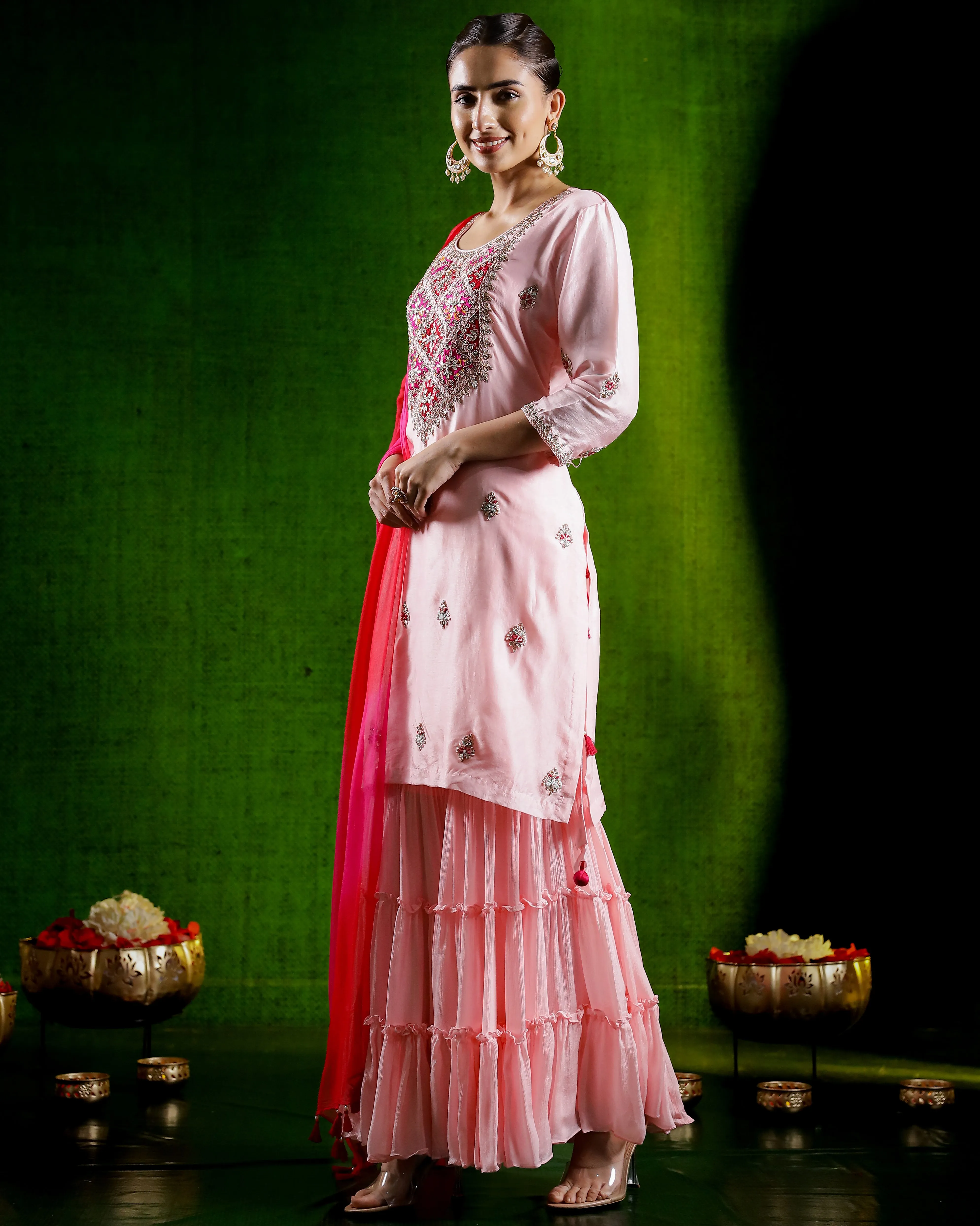 Light Pink Embellished Tissue Silk Sharara Set