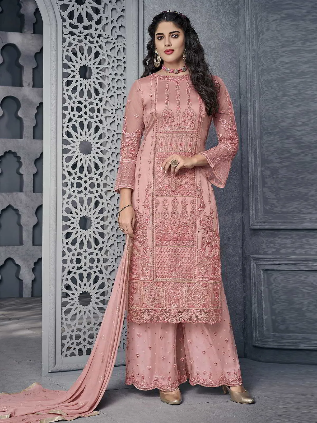 Light Pink Ethnic Embroidered Pakistani Palazzo Suit