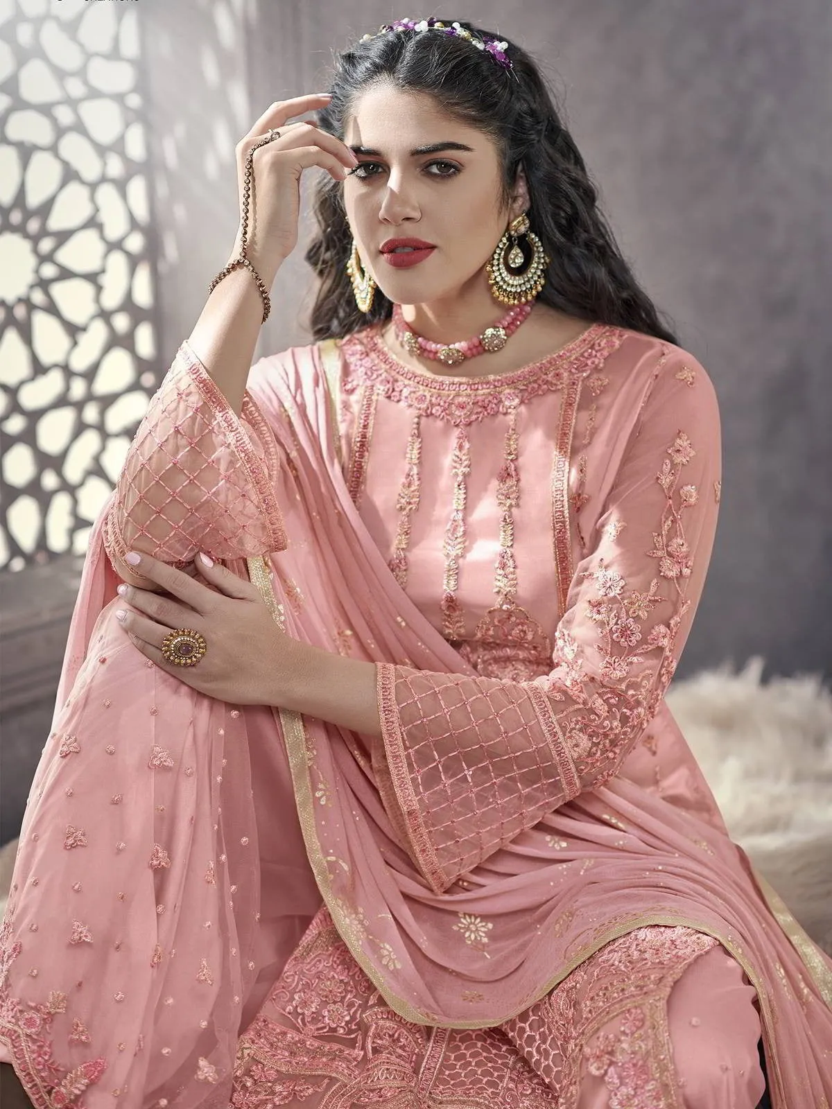 Light Pink Ethnic Embroidered Pakistani Palazzo Suit