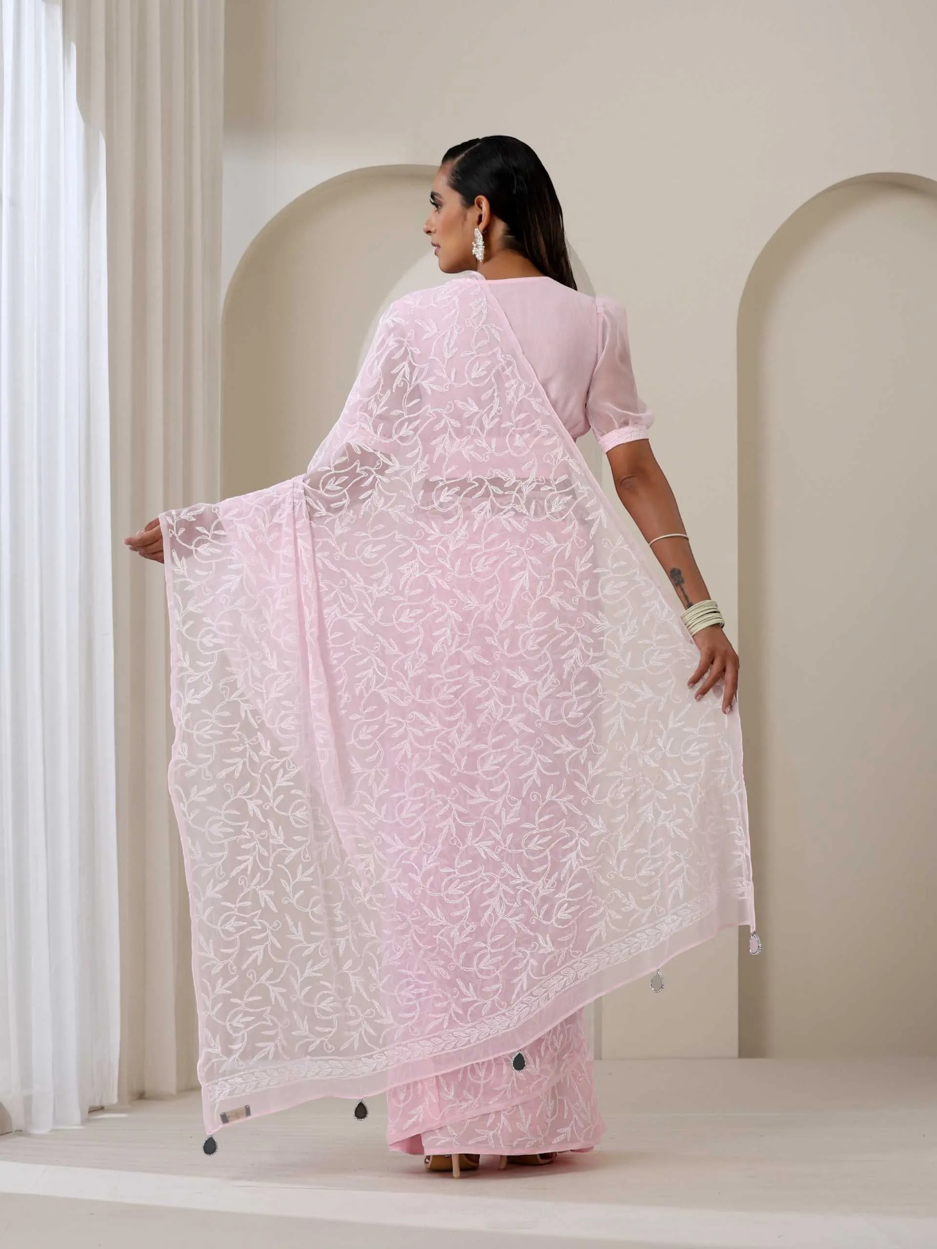 Light Pink Hand Chikankari Tepchi Saree with Blouse Fabric