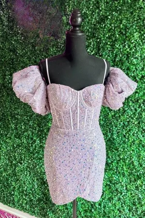 Light Pink Homecoming Dress, Puff Sleeves Sequins Sheath Homecoming Dresses Cocktail