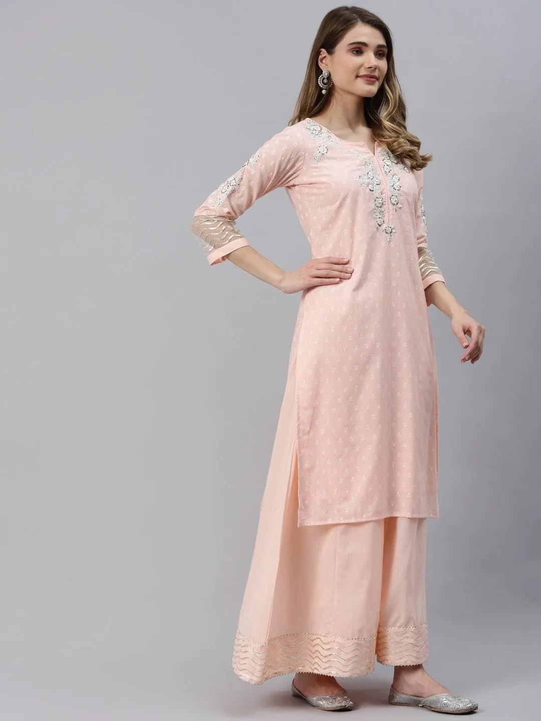 Light Pink Kurta Palazzo Set With Net Dupatta