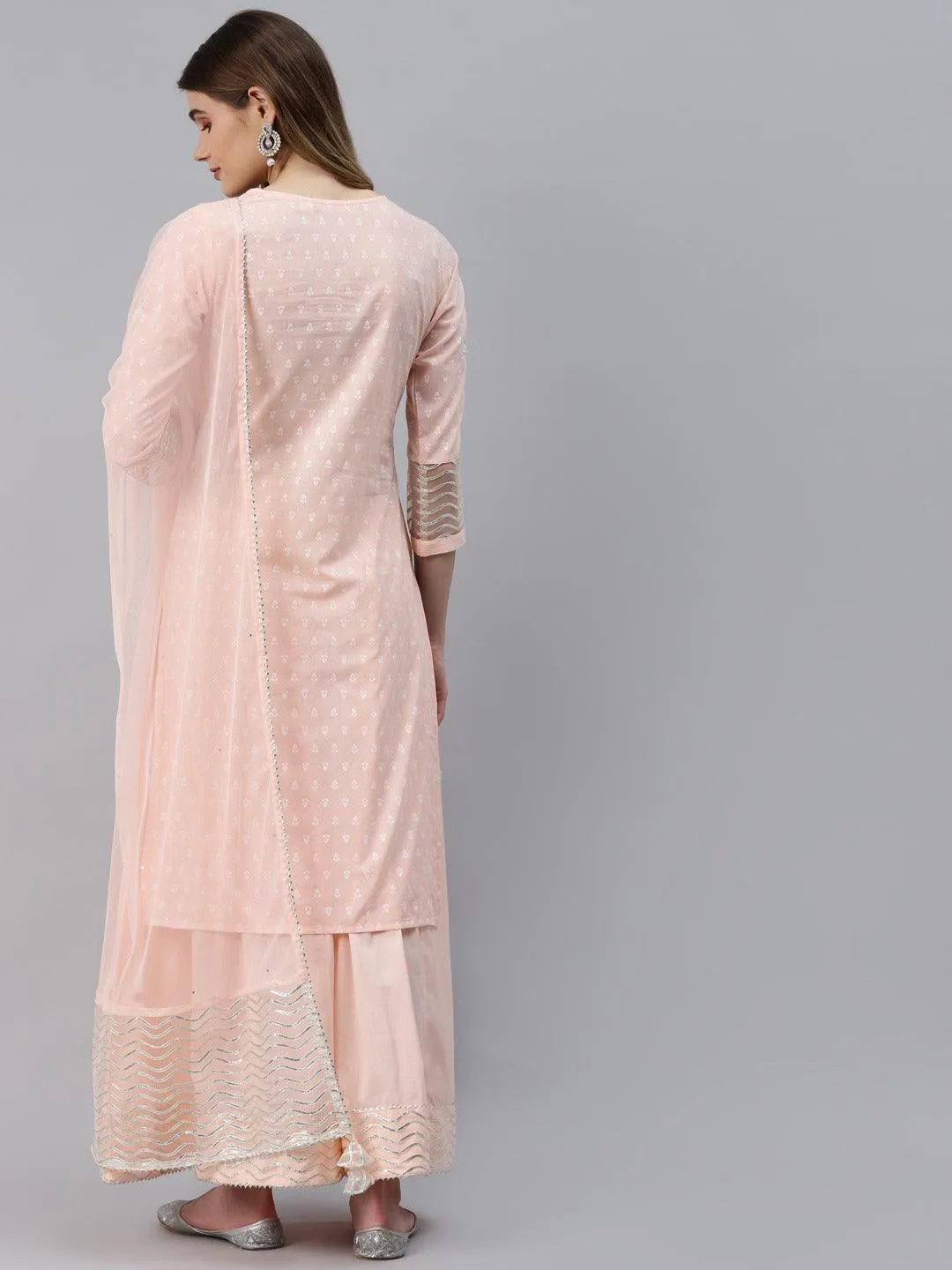 Light Pink Kurta Palazzo Set With Net Dupatta