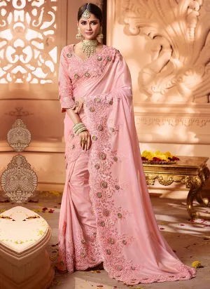 Light Pink Overall Traditional Multi Embroidered Designer Silk Saree