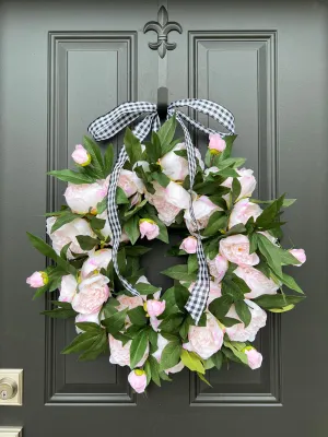 Light Pink Peony Wreath with Ribbon