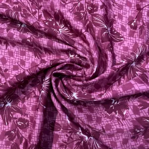 Light Pink With Maroon Floral Crepe Fabric ,Plain Weave