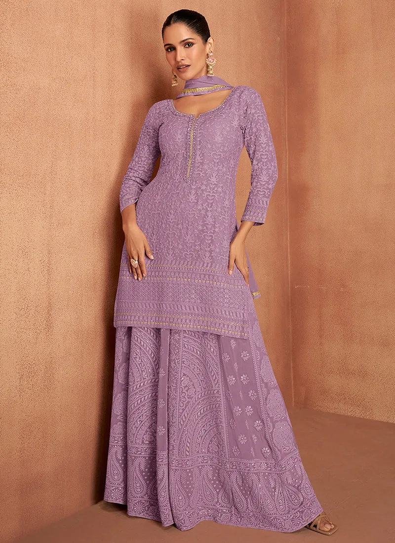 Light Purple Chikankari Embroidery Festive Palazzo Suit