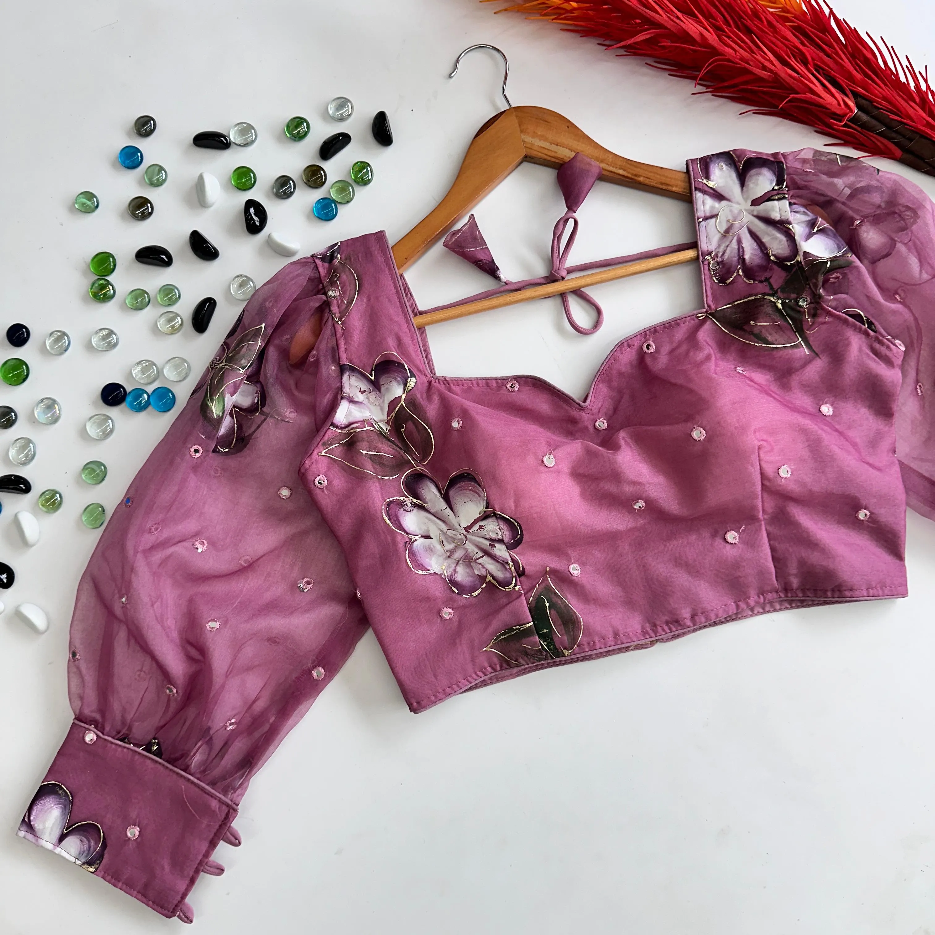 Light Purple Hand-Painted Organza Silk Blouse with Embroidery Accents