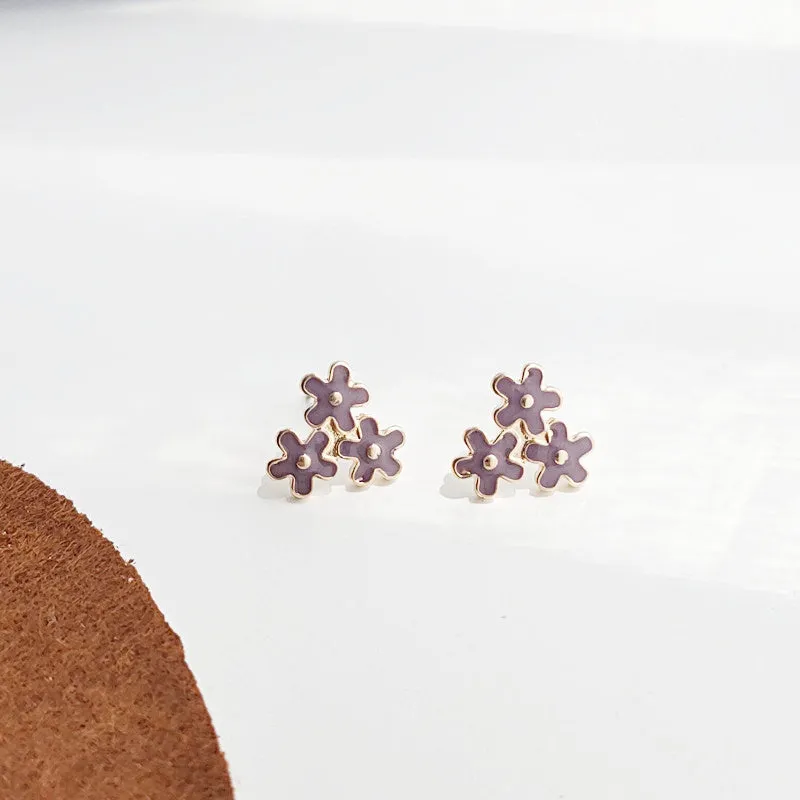 Light Purple Three Small Flowers Invisible Clip On Stud Earrings