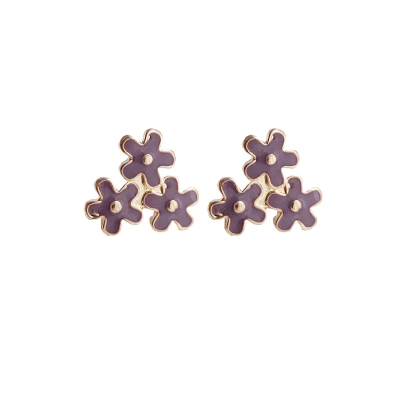 Light Purple Three Small Flowers Invisible Clip On Stud Earrings